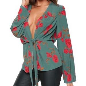 Drape floral print blouse with tie in the front